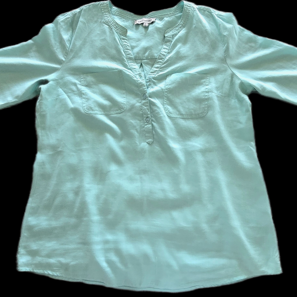 Aqua Button-Up V Neck, Linen Blouse Sz L